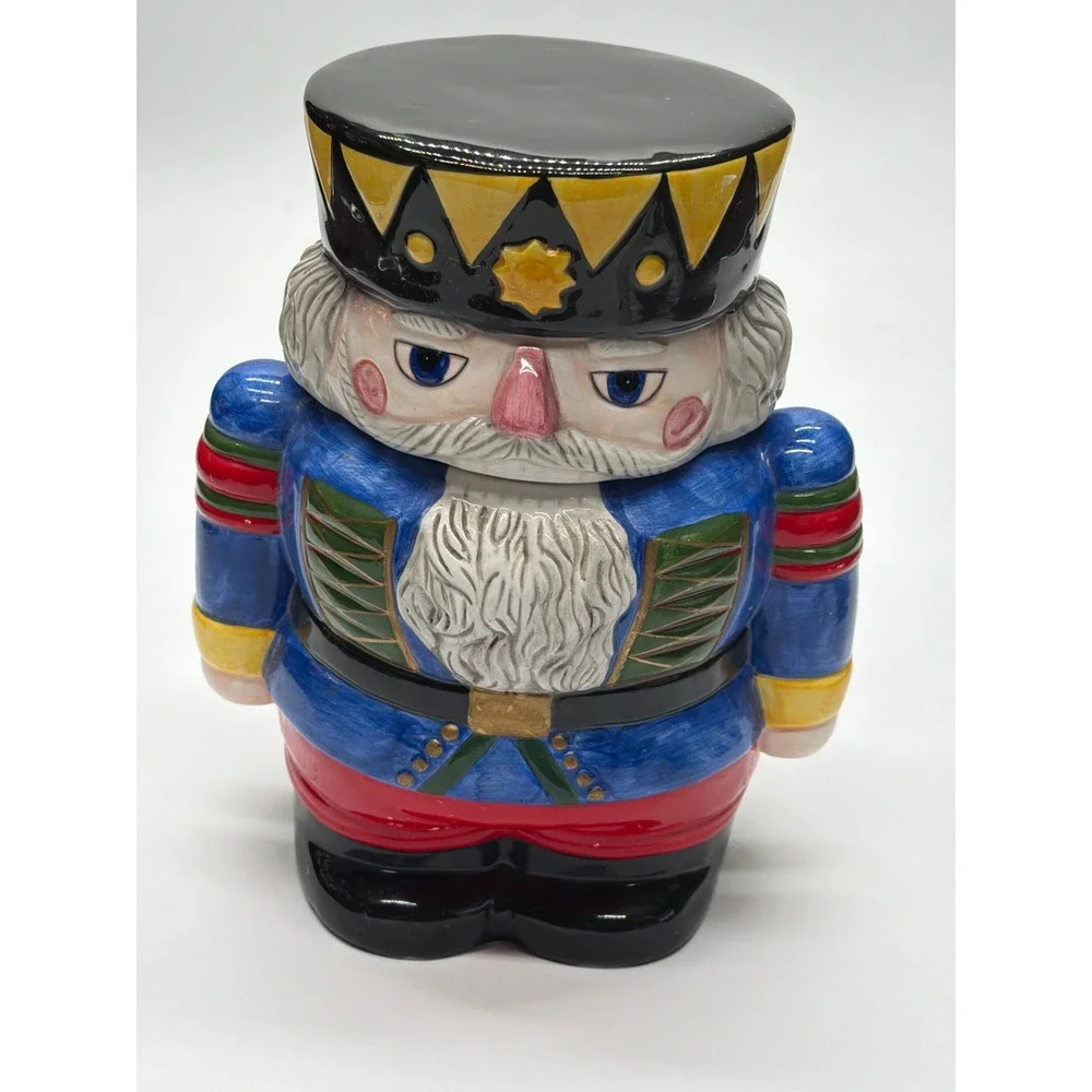 Block Ceramic Nutcracker Cookie Jar Christmas Holiday‎ Soldier Blue Red 11 Inch
